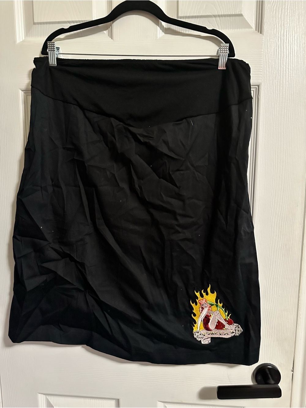 Mama San Black Maternity Skirt with Pinup Flame Patch - Size Large